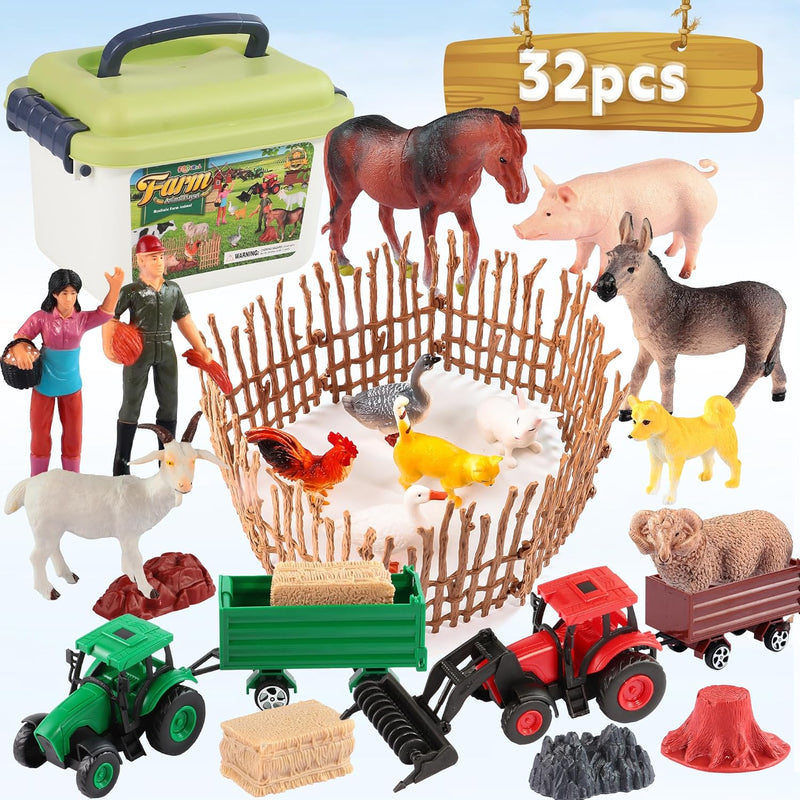 32Pcs Farm Playset For Toddlers 1 3 Plastic Animal Figures Toys Double Farm