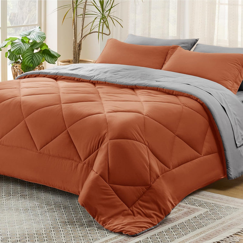 Burnt Orange Queen Comforter Set - 7 Pieces Reversible Queen Bed In A Bag Queen Bed Set With Comforters, Sheets, Pillowcases & Shams, Queen Bedding Sets