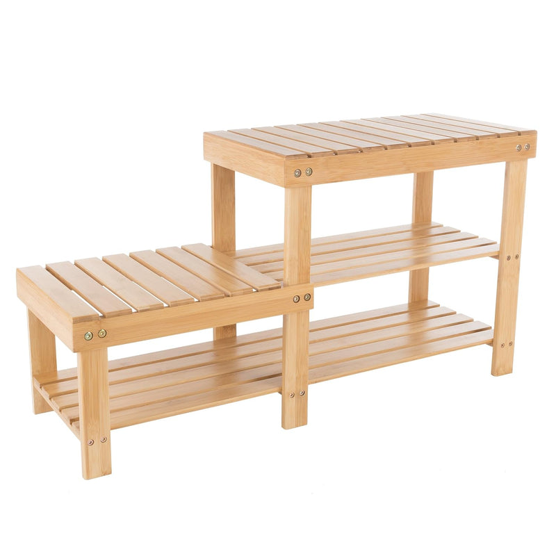 Natural Tier Bamboo Shoe Rack With 2 Levels Wood Seats – Mud Room Organization A