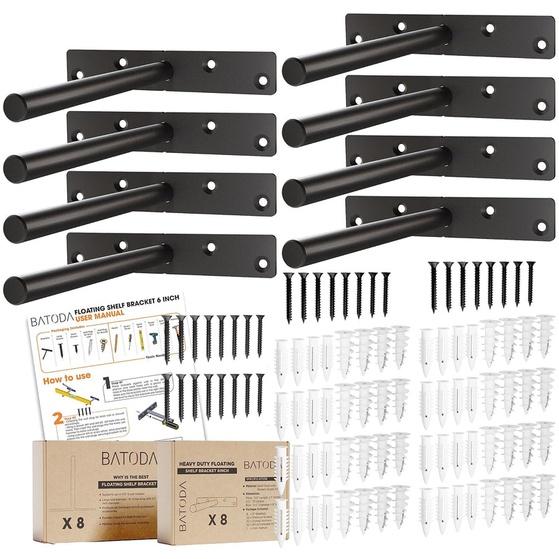 - 6" Floating Shelf Bracket Heavy Duty (8 Pcs)-Solid Steel Blind Shelf Support