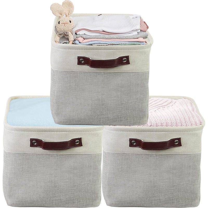 3 Pack Grey Fabric Storage Bin With Leather Like Handles