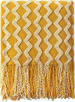 Acrylic Knitted Throw Blanket, Lightweight and Soft Cozy Decorative Woven Blanket with Tassels for Travel, Couch, Bed, Sofa, 51x67 Inches, Mustard Yellow Wave