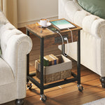 Wood Side End Table Set Of 2 Nightstand Storage Shelf W/Usb Power Ports & Wheels