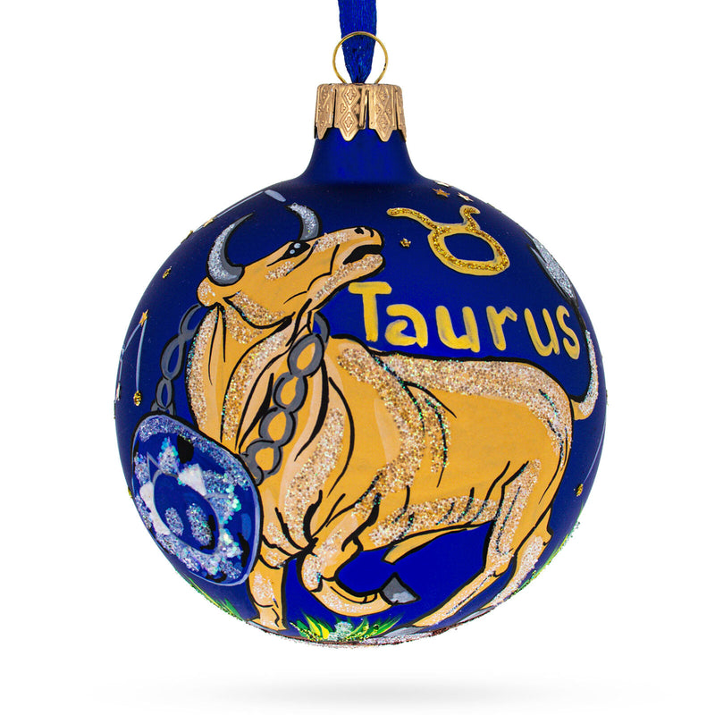 Starry Night Taurus: Zodiac Horoscope Sign Blown Glass Ball Christmas Ornament