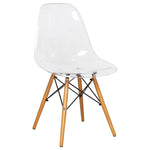 LeisureMod Dover Dining Side Chair With Wood Eiffel Base in Clear