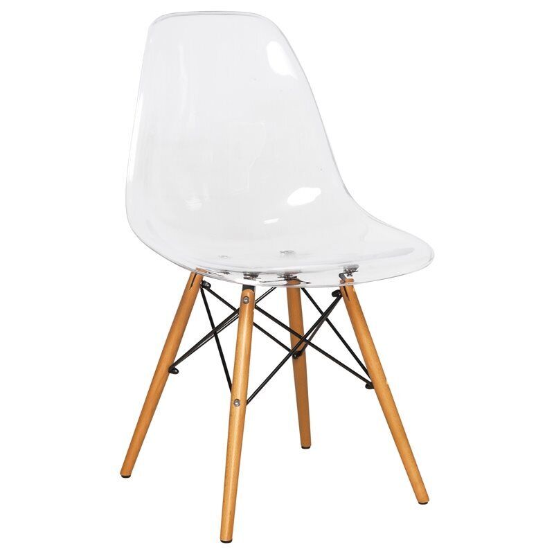 LeisureMod Dover Dining Side Chair With Wood Eiffel Base in Clear