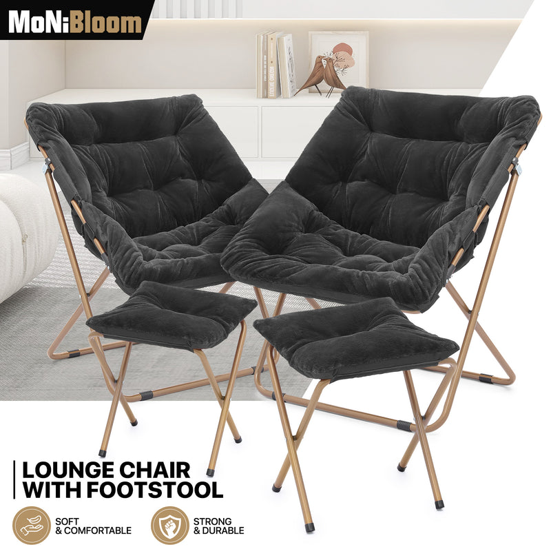 Black Set Of 2 Foldable Saucer Lounge Chair Metal Frame Faux Fur Seat W/Ottoman