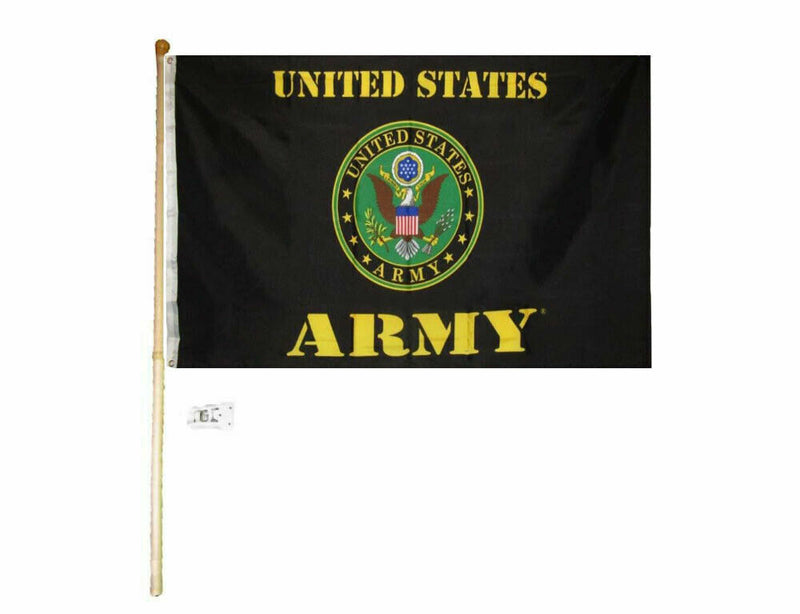 5' Wood Flag Pole Kit Wall Mount Bracket With 3X5 U.S. Army Emblem Black Flag