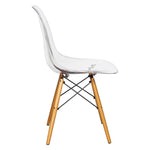 LeisureMod Dover Dining Side Chair With Wood Eiffel Base in Clear