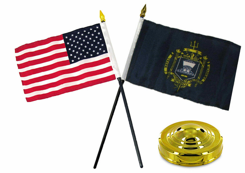 Naval Academy Navy W/ Usa America American Flag 4"X6" Desk Set Gold Base