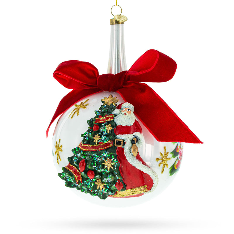 Santa by Tree with Red Bow - Festive Blown Glass Ball Christmas Ornament