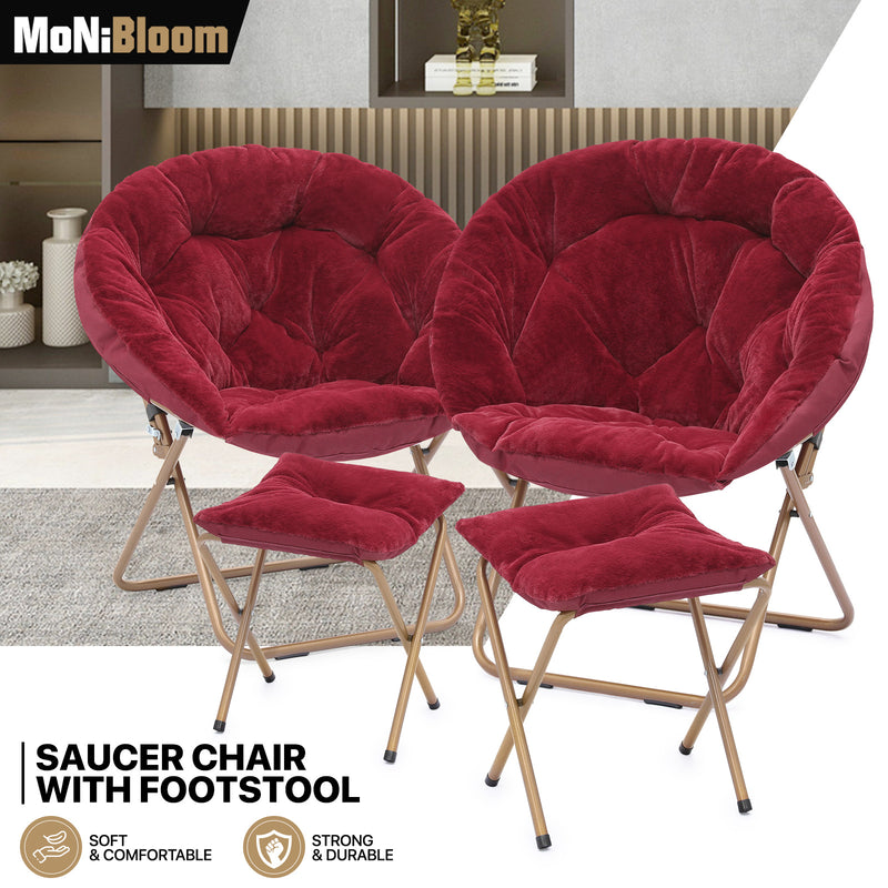 Red Set Of 2 Foldable Oversize Cozy Comfy Faux Fur Saucer Chair W/Footrest Stool