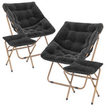 Black Set Of 2 Foldable Saucer Lounge Chair Metal Frame Faux Fur Seat W/Ottoman