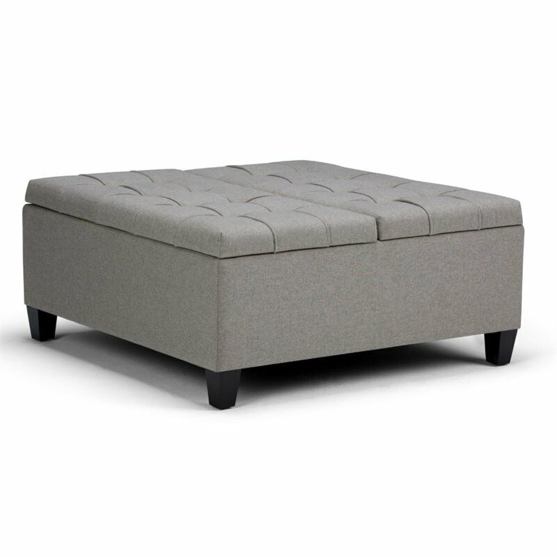 Simpli Home Harrison 36" Transitional Square Coffee Table in Dove Gray Fabric