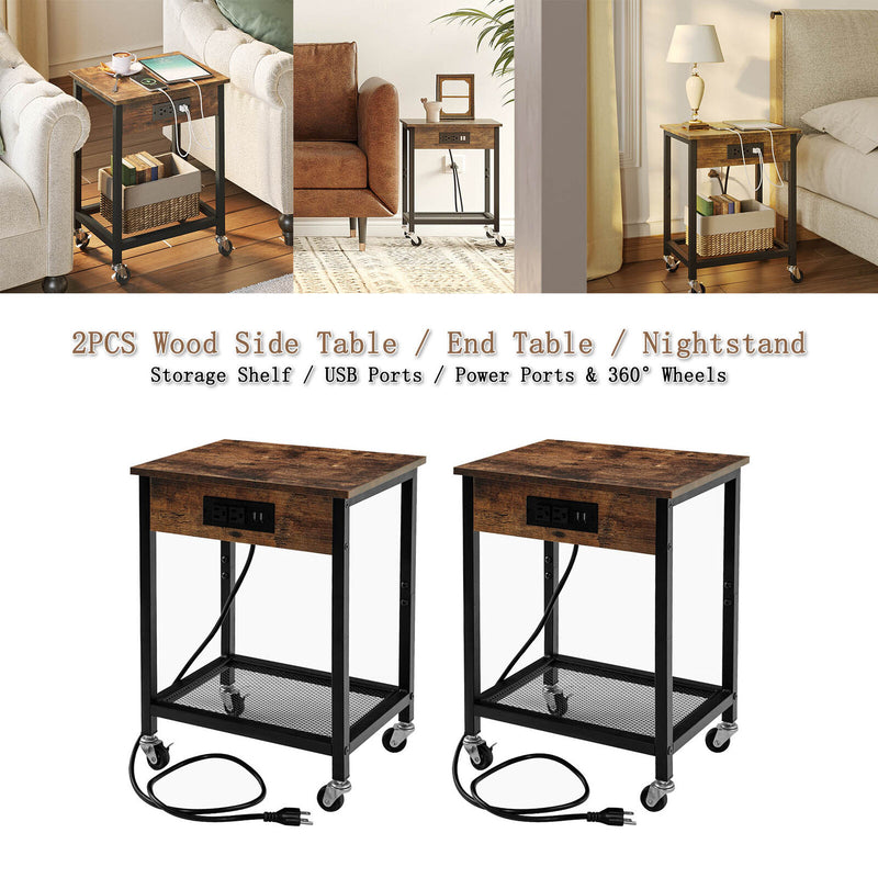 Wood Side End Table Set Of 2 Nightstand Storage Shelf W/Usb Power Ports & Wheels