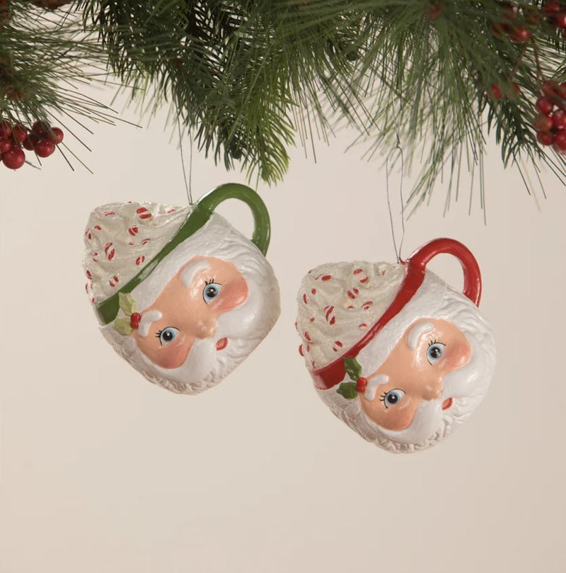 Set/2 Bethany Lowe Sweet Tidings Santa Mug Ornament Retro Vntg Christmas Decor