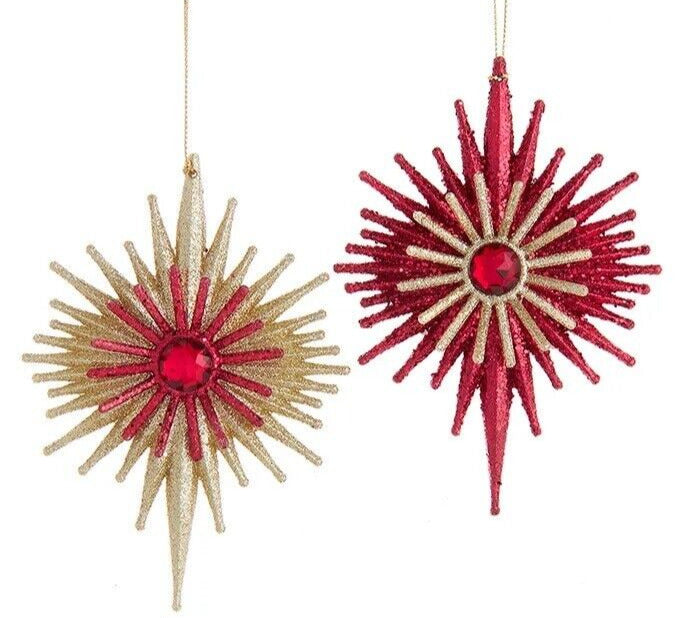 Set Kurt Adler Glass Red/Gold Jewel Starburst Ornament Retro MCM Christmas Decor