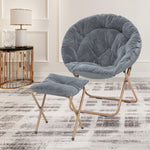 Grey 2 Pcs Foldable Saucer Chair Soft Faux Fur Oversized Accent Chair W/Footrest