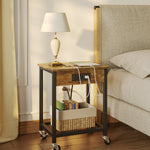 Wood Side End Table Set Of 2 Nightstand Storage Shelf W/Usb Power Ports & Wheels