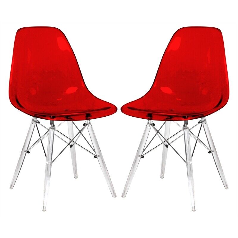 LeisureMod Dover Dining Side Chair With Acrylic Eiffel Base in Red Set of 2