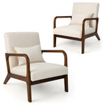 Set of 2 Accent Chairs Leisure Armchair w/ Rubber Wood Frame Lumbar Pillow Beige