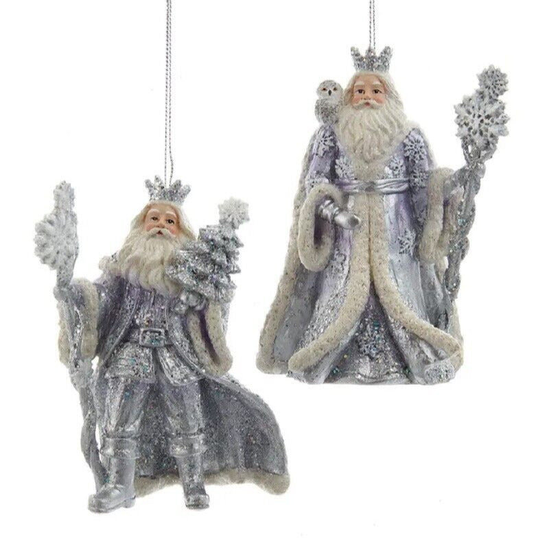 Set/2 5" Kurt Adler Lavender Blue Santa w Tree & Staff Ornament Christmas Decor