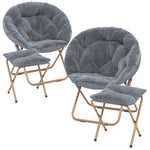 Grey 2 Pcs Foldable Saucer Chair Soft Faux Fur Oversized Accent Chair W/Footrest