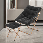 Black Set Of 2 Foldable Saucer Lounge Chair Metal Frame Faux Fur Seat W/Ottoman