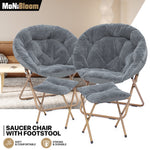 Grey 2 Pcs Foldable Saucer Chair Soft Faux Fur Oversized Accent Chair W/Footrest