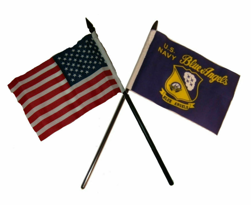 Usa American W/ U.S. Navy Blue Angels Flag 4"X6" Desk Set Black Base