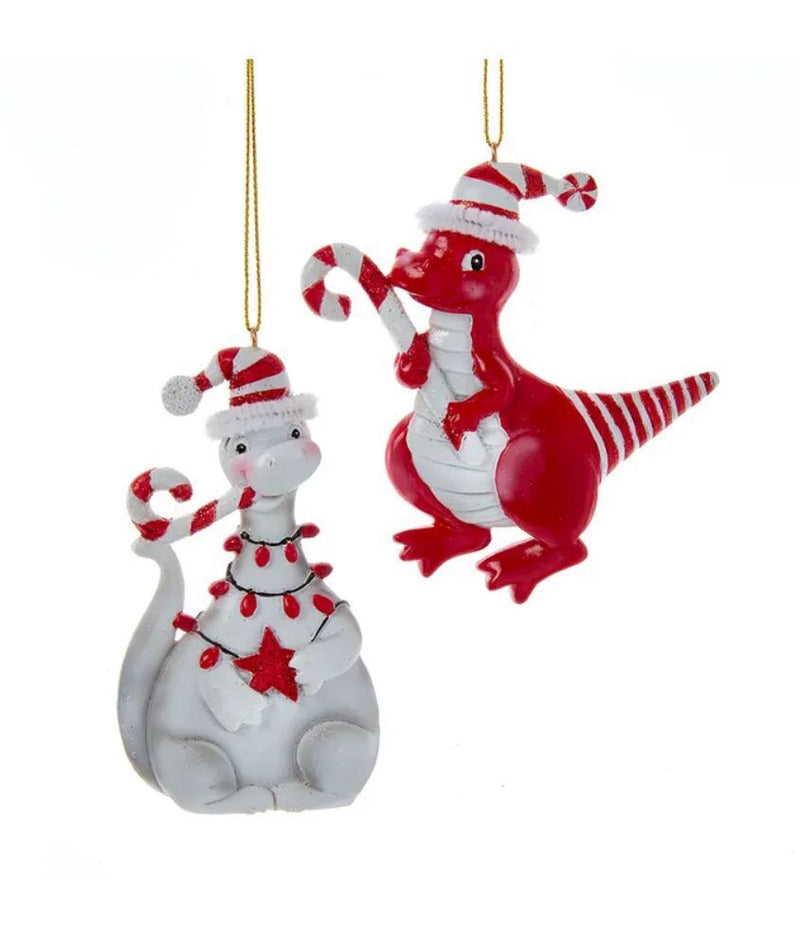 Set/2 Kurt Adler Peppermint Stripe Candy Cane Dinosaur Ornament Christmas Decor