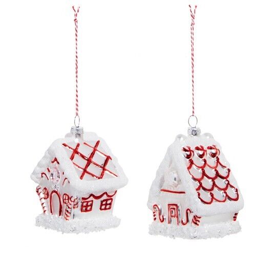 Set/2 3.5" Glass Raz Red White Peppermint House Ornament Retro Christmas Decor