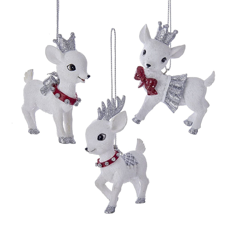 Set/3 Kurt Adler Silver Glitter White Fawn Deer Ornaments Retro Christmas Decor