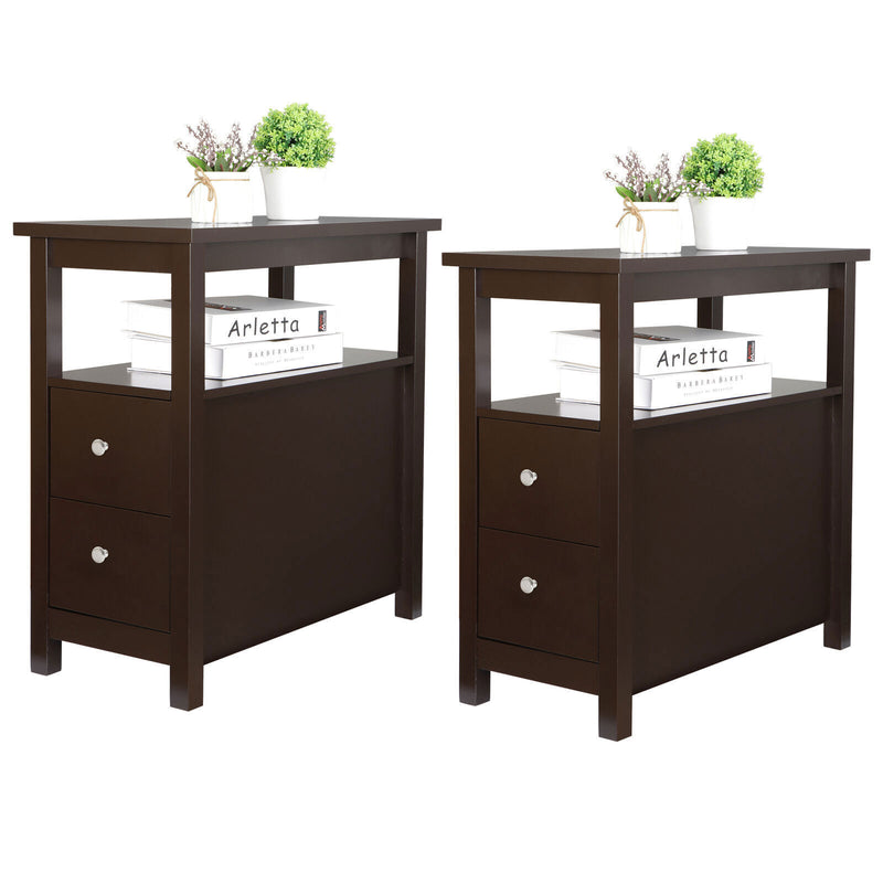 Set Of 2 End Table Furniture Mdf Bookshelf Storage Rack 2 Drawer For Living Room