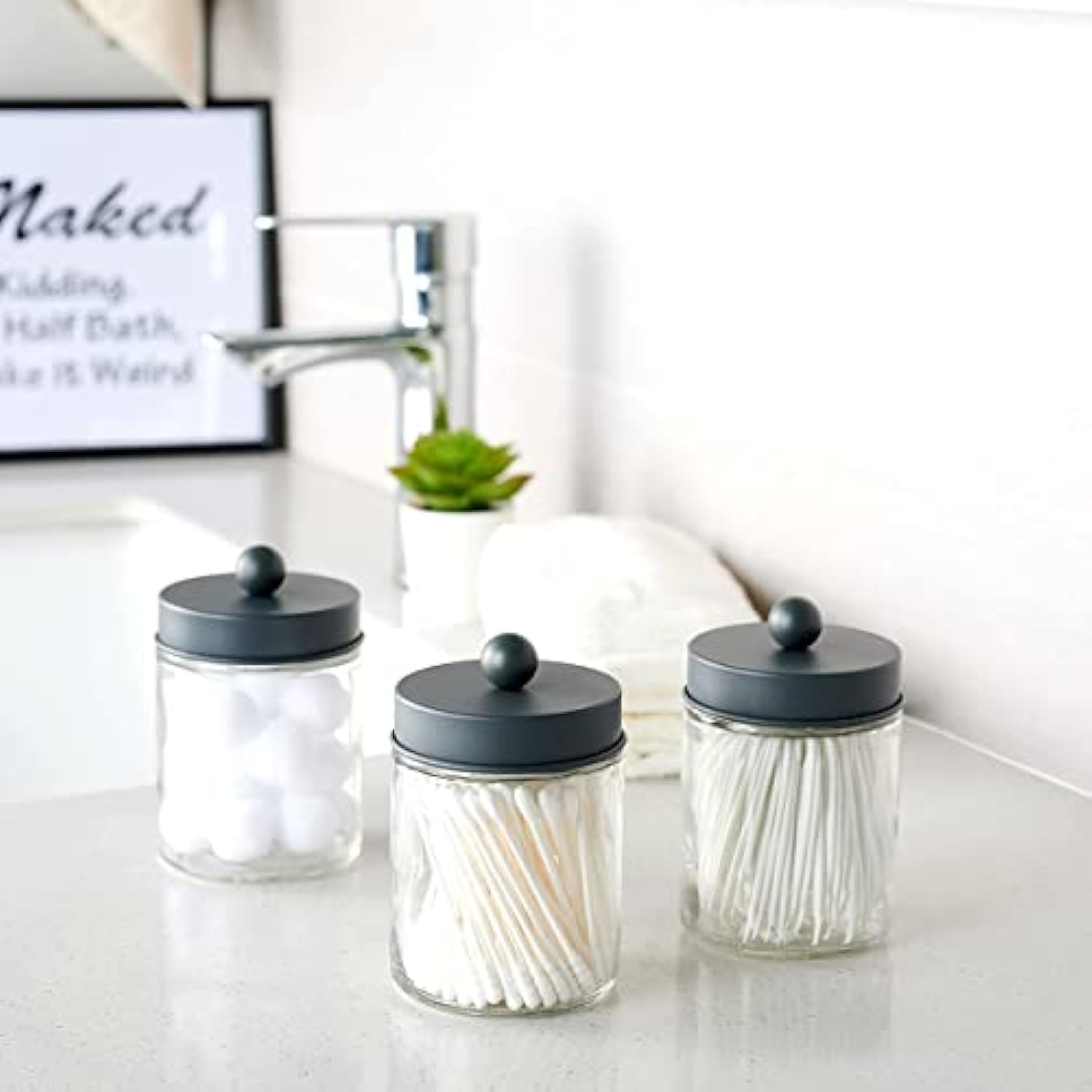 Mason Jar Bathroom Accessories Set(4 Pcs) -Lotion Soap Dispenser &Cotton  Swab &Toothbrush Holder Set, Apothecary Jars Vanity Organizer-Rustic