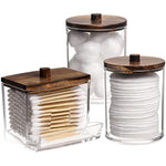 Qtips Holder Storage with Wood Lids, Cotton Ball/Swabs Dispenser, Apothecary Container Jar 3 Pcs