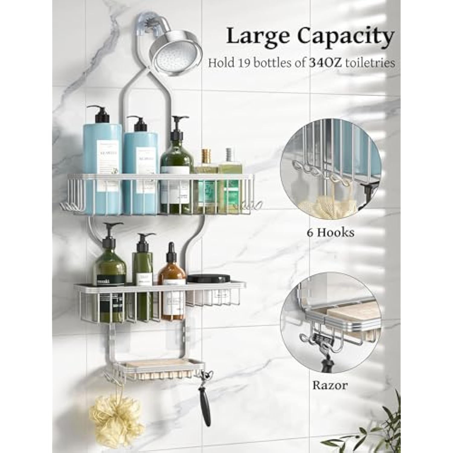 Shower Head Never Rust Aluminum Large Hanging Shower Caddy with 10 Hooks