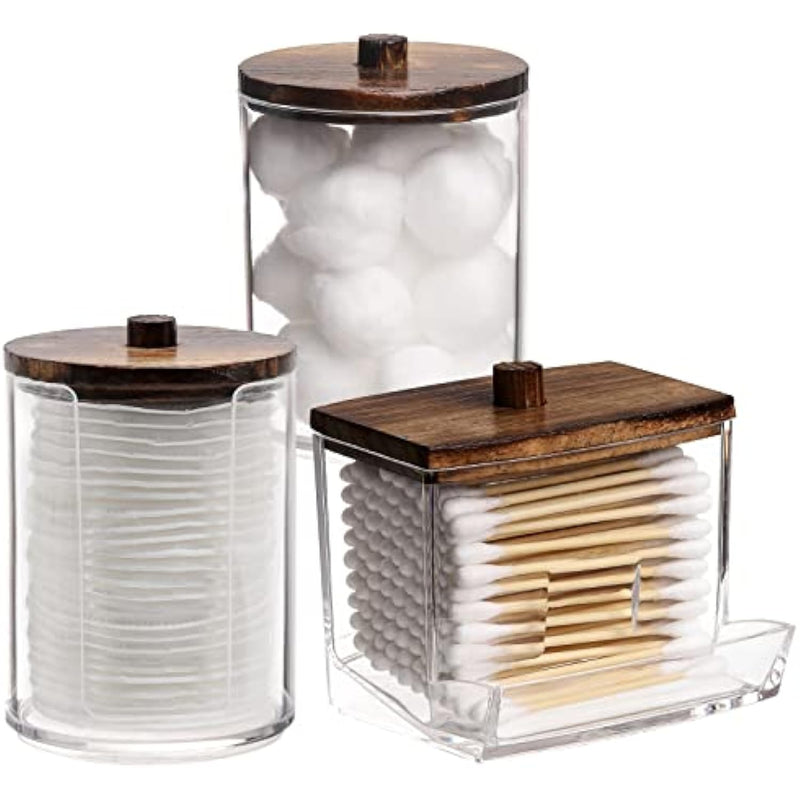 Qtips Holder Storage with Wood Lids, Cotton Ball/Swabs Dispenser, Apothecary Container Jar 3 Pcs