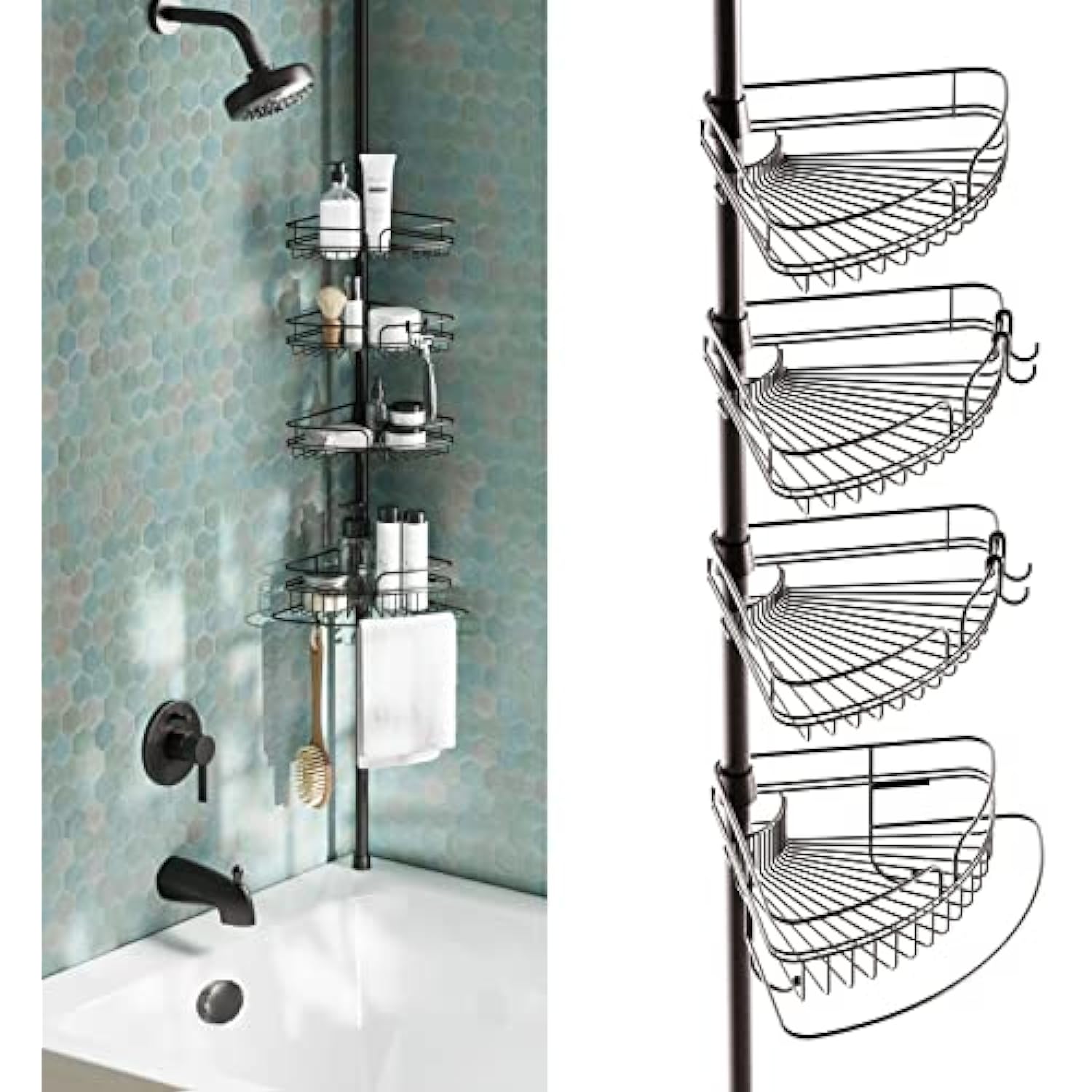 Bathroom Organizer Adjustable Tension Shower Pole Caddy, 4 Shelves