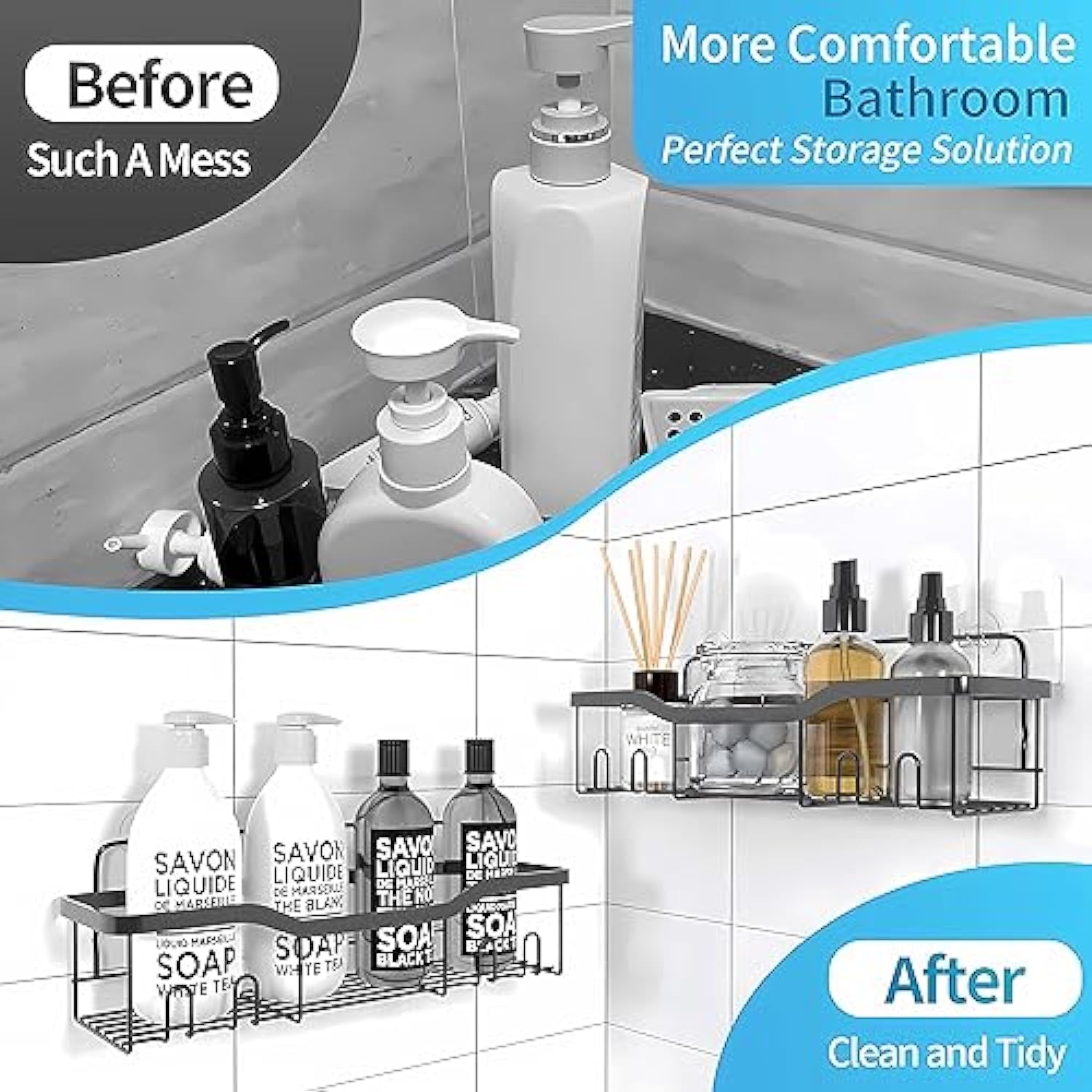 3-Pack Shower Caddy Basket Shelf with Soap Holder, No Drilling Traceless Adhesive  Shower Wall Shelves, Rustproof Black Bathroom Shower Storage Organizer 