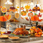 40PCS Pre-Assembled Thanksgiving Banner Hanging Swirls  Fall Leaves Garland and Honeycomb Pumpkins for Thanksgiving Decor