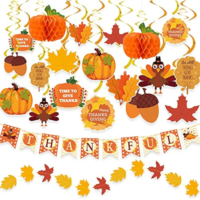 40PCS Pre-Assembled Thanksgiving Banner Hanging Swirls  Fall Leaves Garland and Honeycomb Pumpkins for Thanksgiving Decor