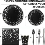 175Pcs Black And Silver Party Supplies Silver Dot Disposable Party Dinnerware