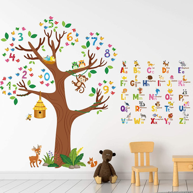 3 Sheets Animal Alphabet And Numbers Tree Wall Decals Abc Letters And S Numbers Peel And Stick Wall Stickers For Kids Bedroom Living Room Classroom Decorations