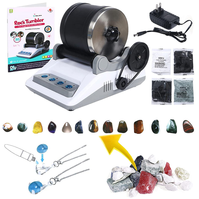 Rock Tumbler Kit,Turns Rough Rocks Into Beautiful Gems,with Button 7 Day  Polishing Timer,Includes 2 Belts,Bag of Rough Stones,4 coarse  Grinding,Finely Ground,polishing,Final polishing,Polishing Grits :  : Toys & Games