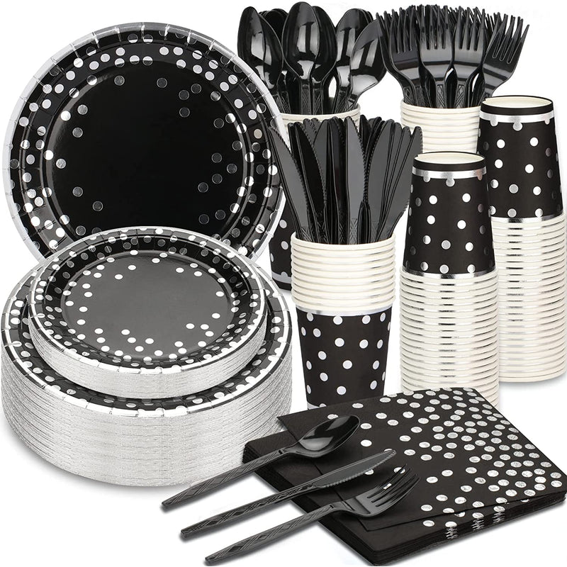 175Pcs Black And Silver Party Supplies Silver Dot Disposable Party Dinnerware