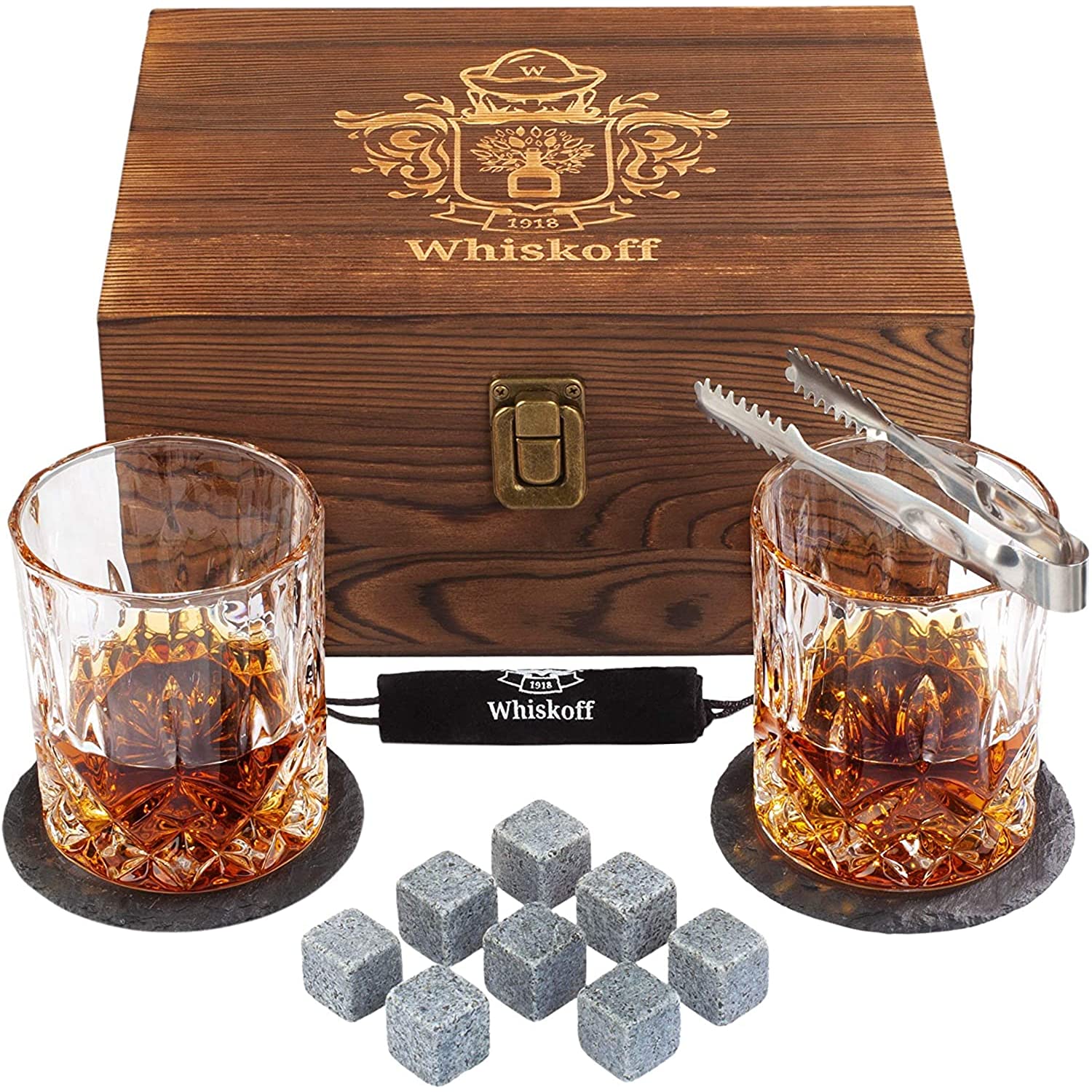 Leebs Whiskey Set - Whiskey Gifts for Men - Whiskey Glasses Set of 2, 2 Large Sphere Ice Molds, 2 Slate Coasters, Gift Box - Bourbon Gifts for Men