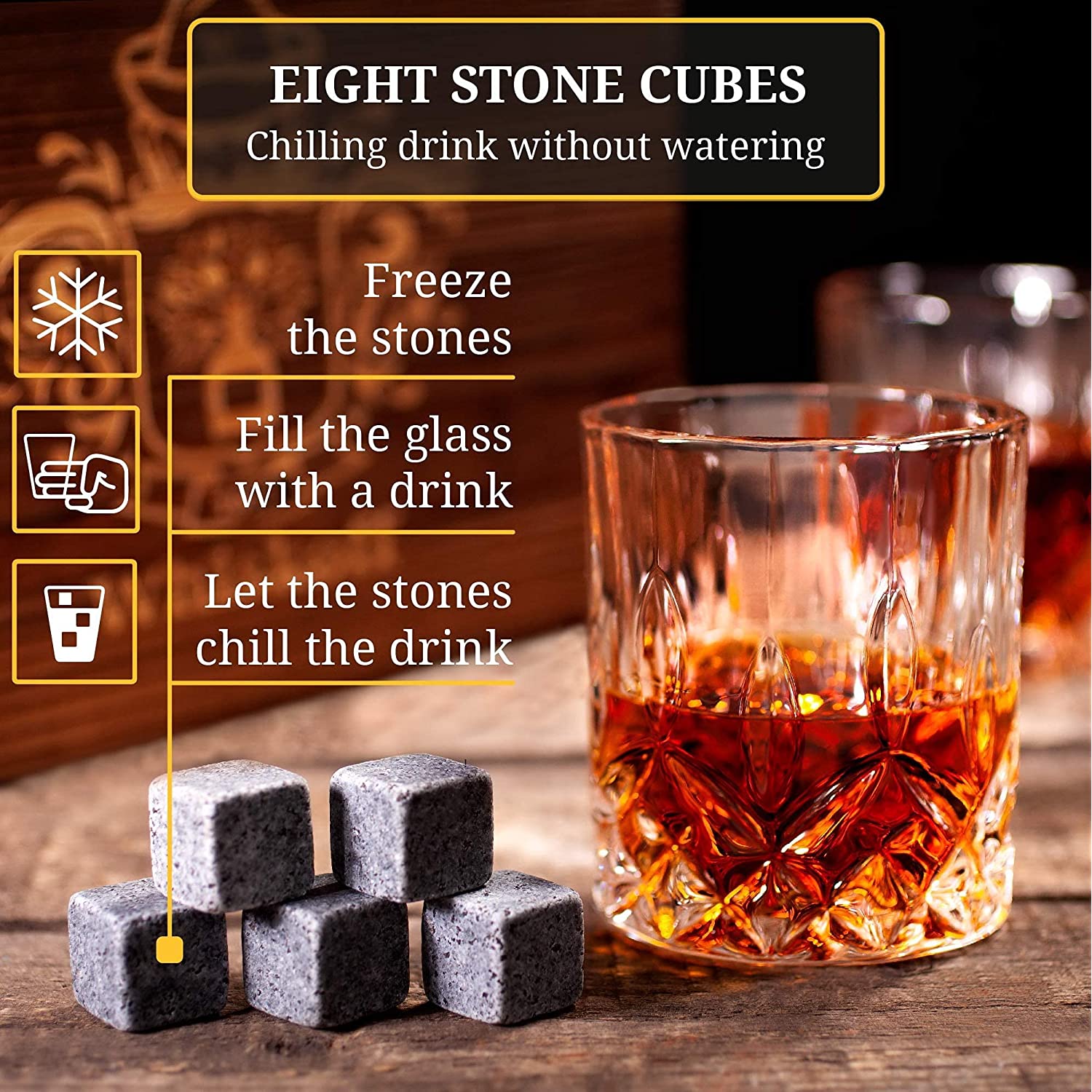 Whiskey Stones Gift Set - Whiskey Glass Set of 2 - Granite Chilling Whiskey Rocks - Scotch Bourbon Whiskey Glass Gift Box Set - Best Drinking Gifts