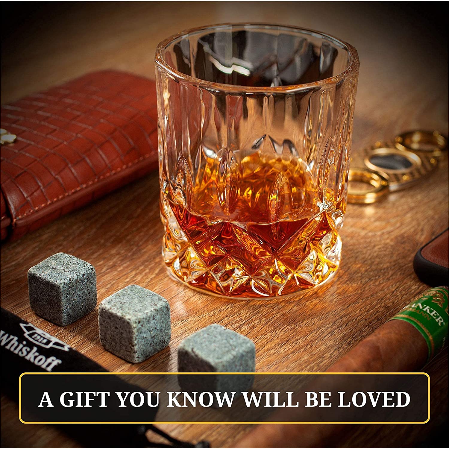 Whiskey Decanter and Stones Gift Set for Men - Whiskey Decanter, 2 Rocks  Whiskey Glasses, 8 Stainless Steel Whisky Cubes, 2 Slate Coasters, Special
