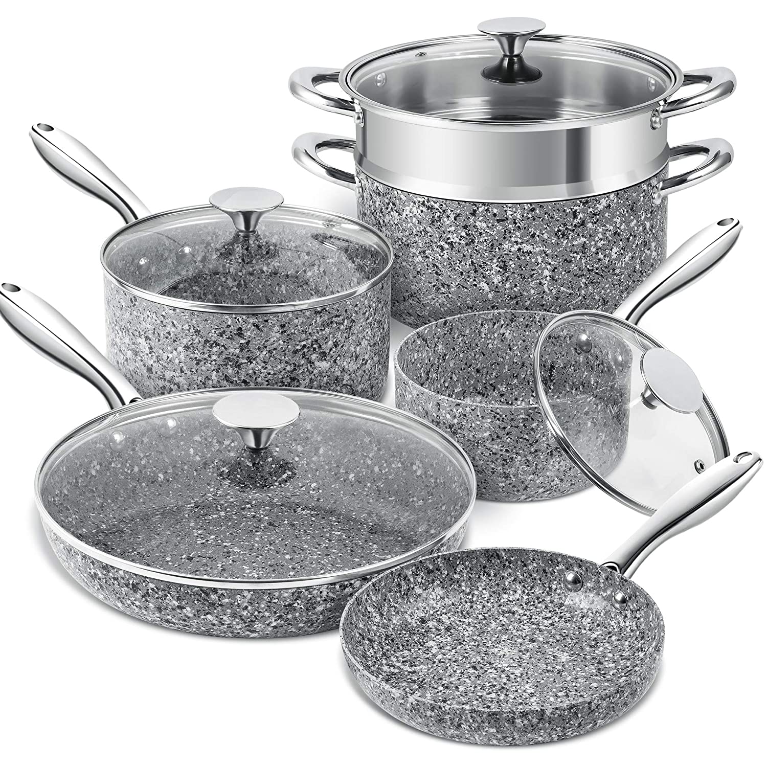 Nonstick Cookware Set 10 Pcs Granite Pots Pans Induction Stone Kitchen  Cooking